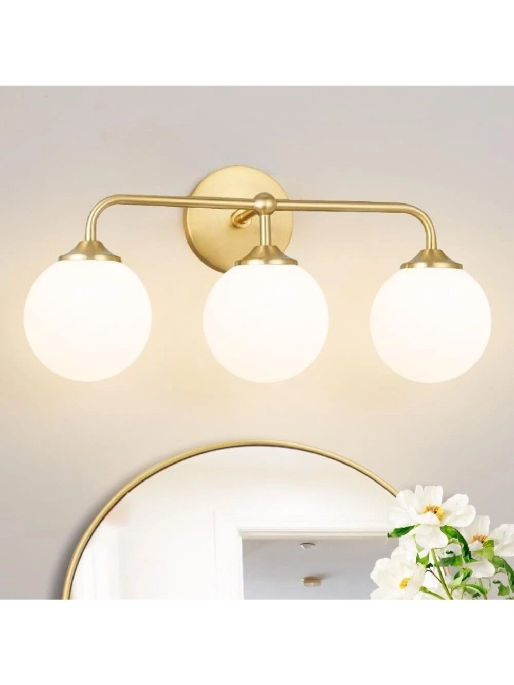 Modern Brushed Gold 3-Lights Vanity Light Fixtures with Milky White Glass Ball